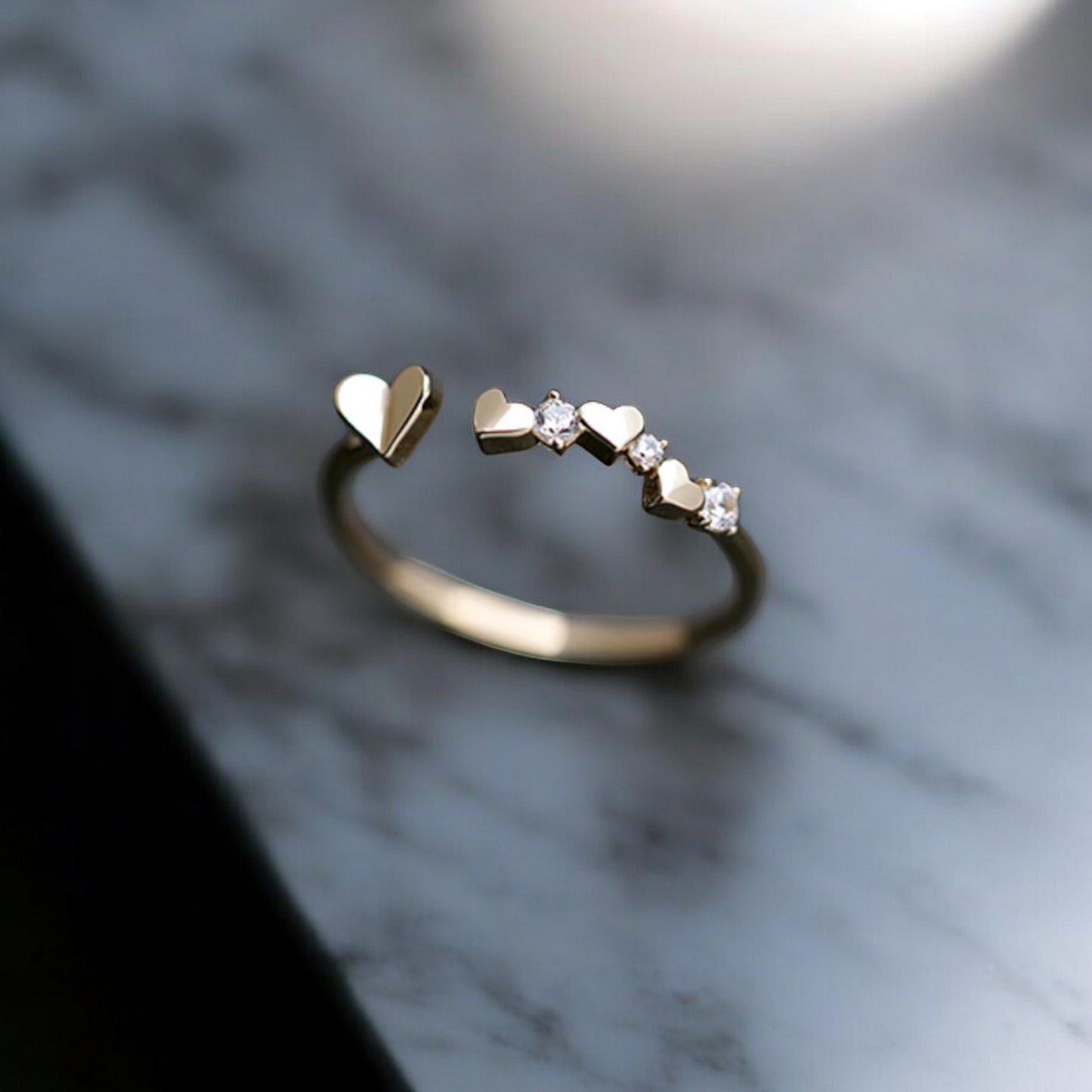 9K Pure Gold Heart Shaped Zircon Stacking Open Ring