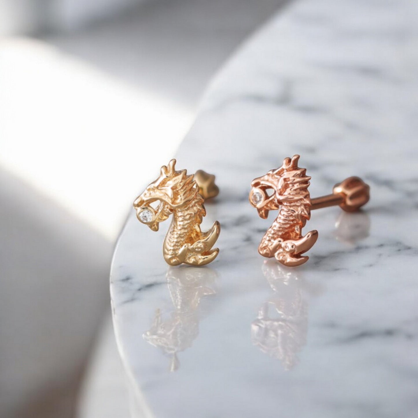 14K Pure Rose Gold Zircon Dragon Screw Back Earrings
