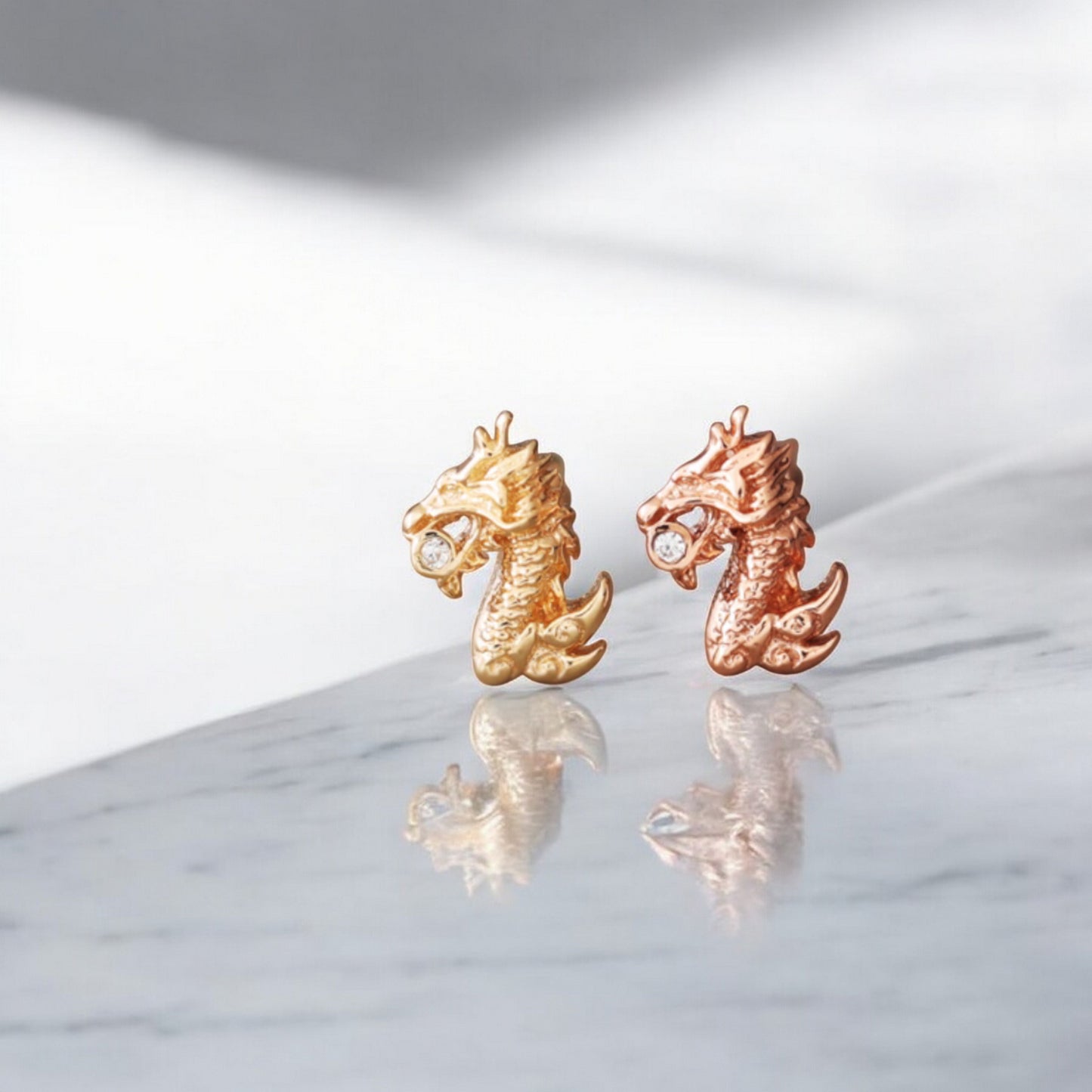 14K Pure Rose Gold Zircon Dragon Screw Back Earrings