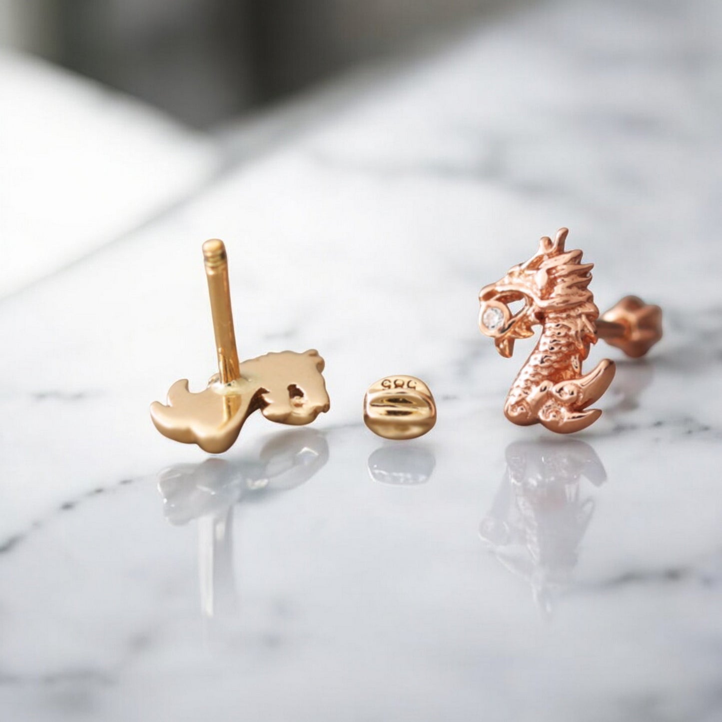 14K Pure Rose Gold Zircon Dragon Screw Back Earrings