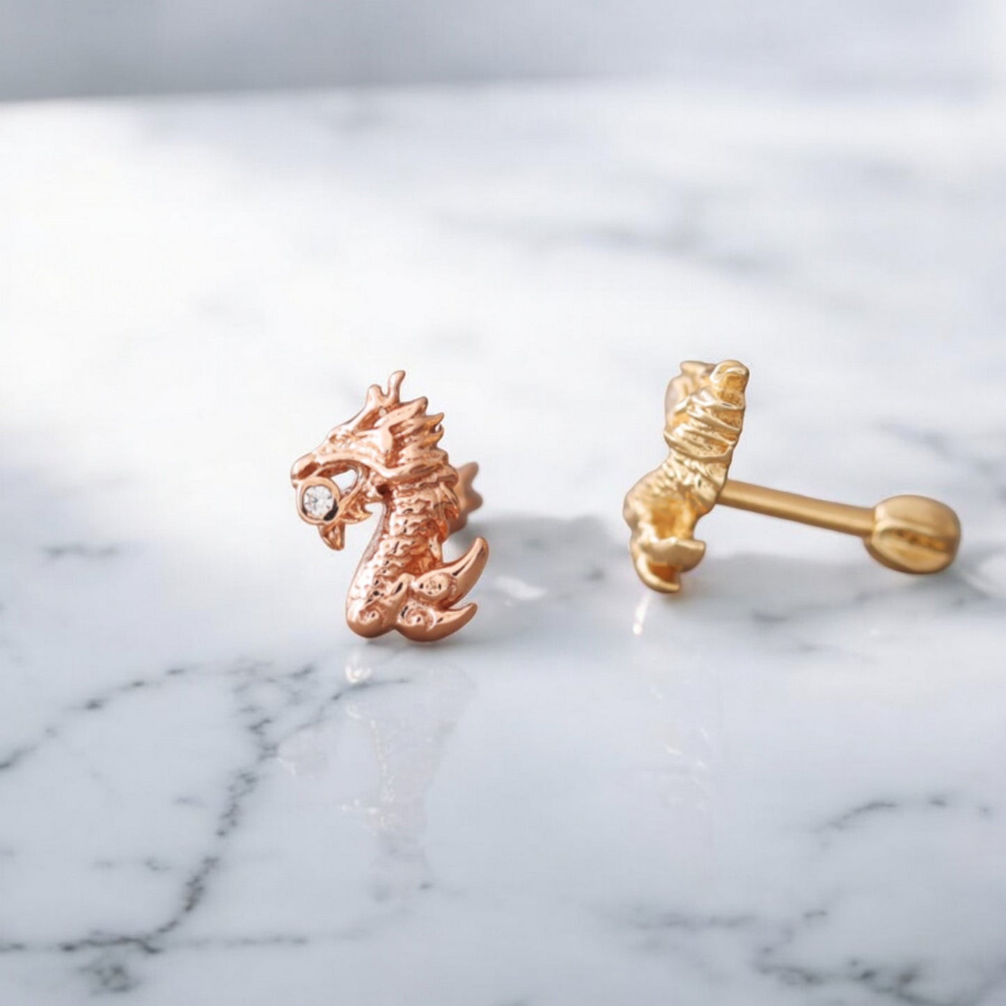 14K Pure Rose Gold Zircon Dragon Screw Back Earrings