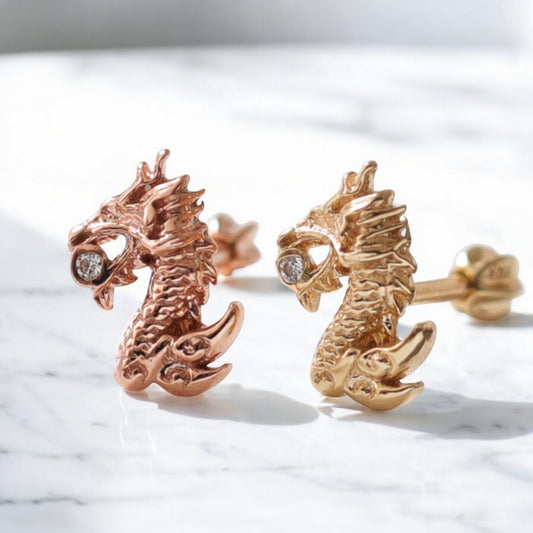 14K Pure Rose Gold Zircon Dragon Screw Back Earrings