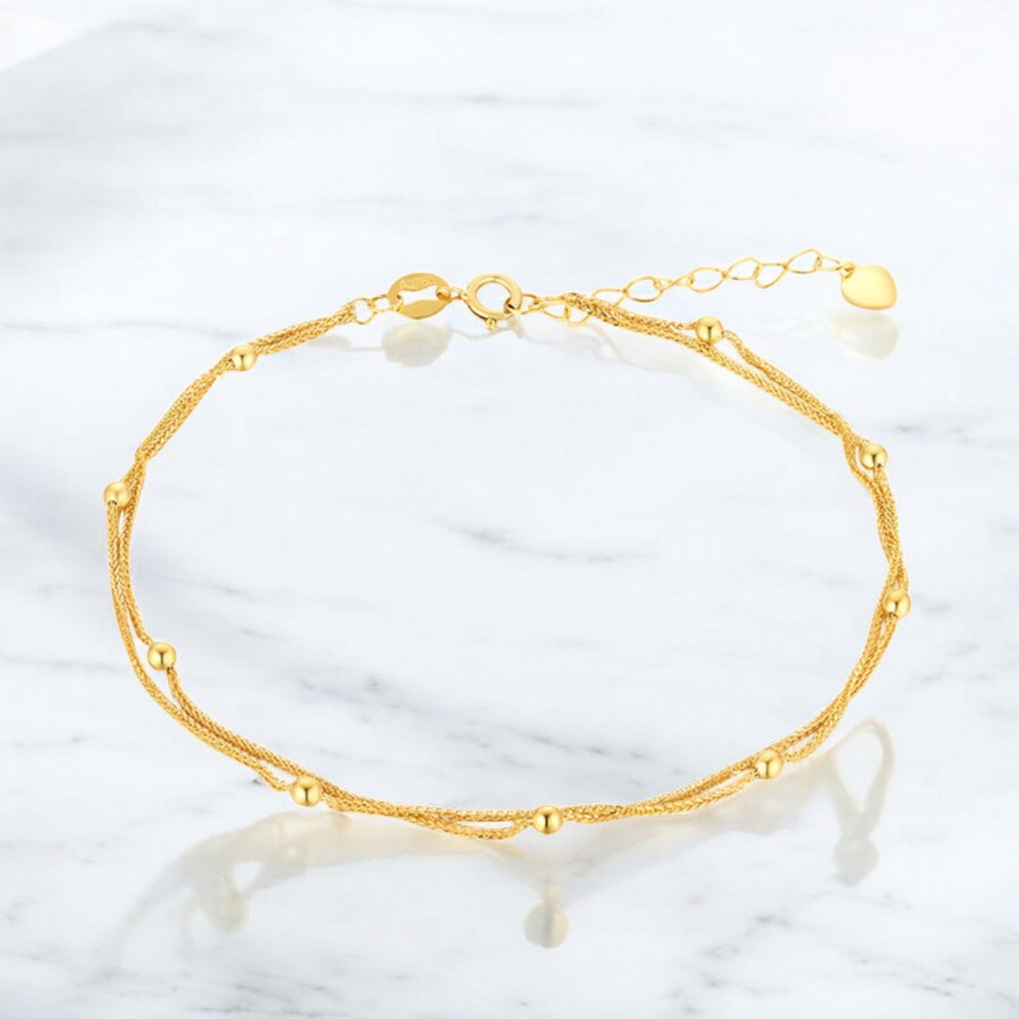 18K Pure Gold Beads and Chain Double-Layered Minimal Bracelet