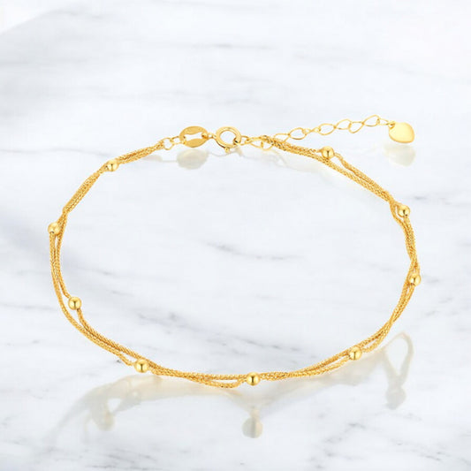 18K Pure Gold Beads and Chain Double-Layered Minimal Bracelet