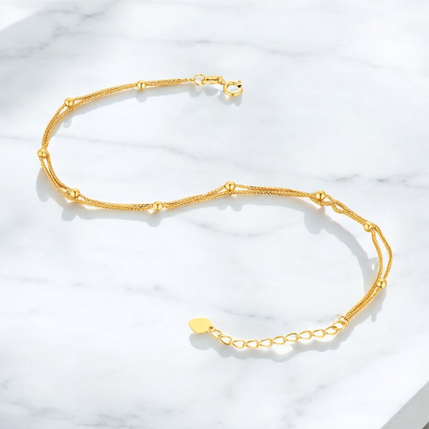 18K Pure Gold Beads and Chain Double-Layered Minimal Bracelet