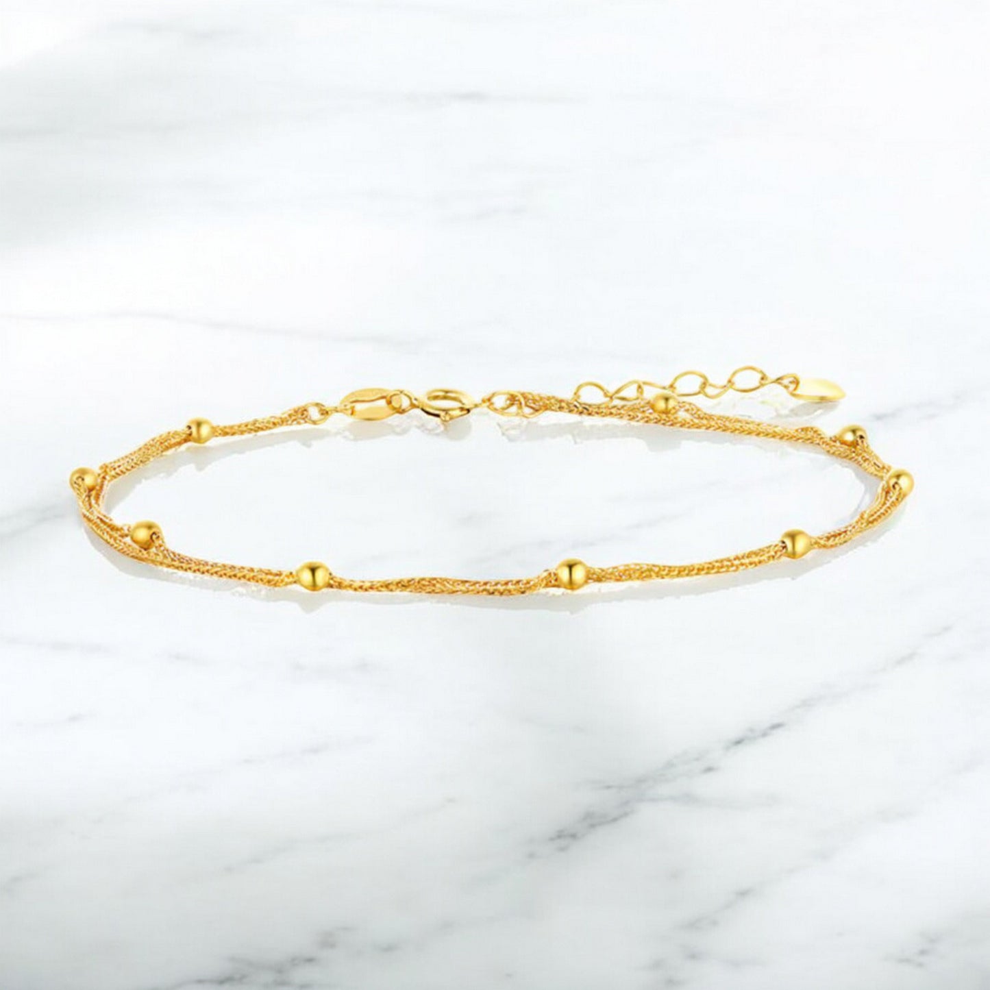 18K Pure Gold Beads and Chain Double-Layered Minimal Bracelet