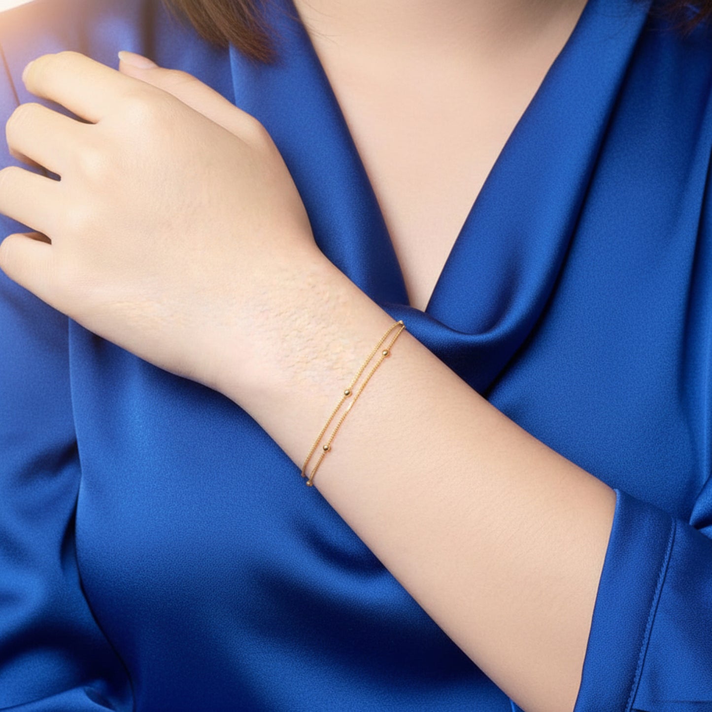 18K Pure Gold Beads and Chain Double-Layered Minimal Bracelet
