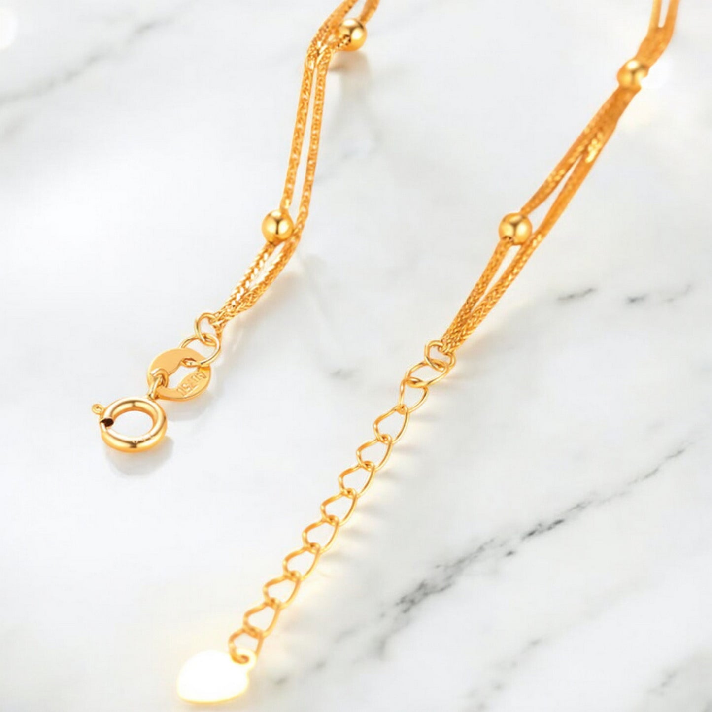18K Pure Gold Beads and Chain Double-Layered Minimal Bracelet