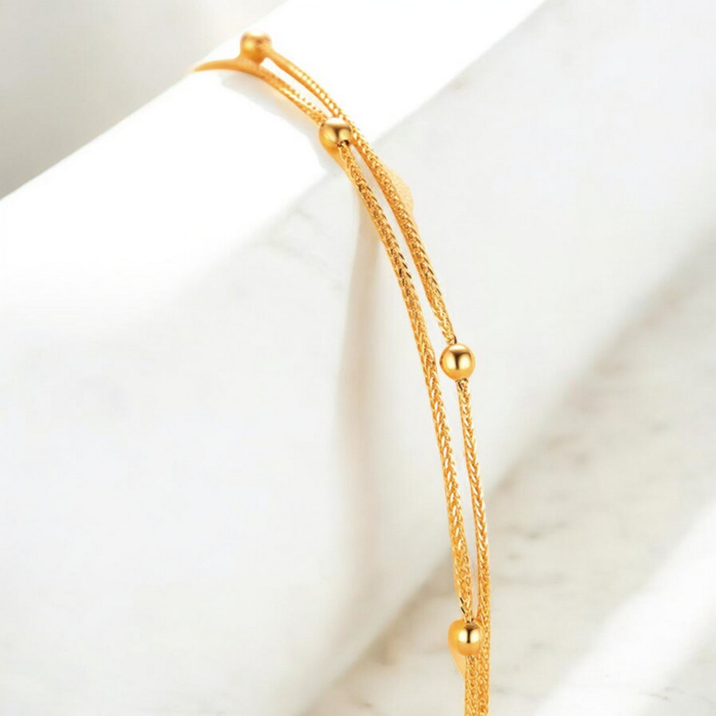 18K Pure Gold Beads and Chain Double-Layered Minimal Bracelet