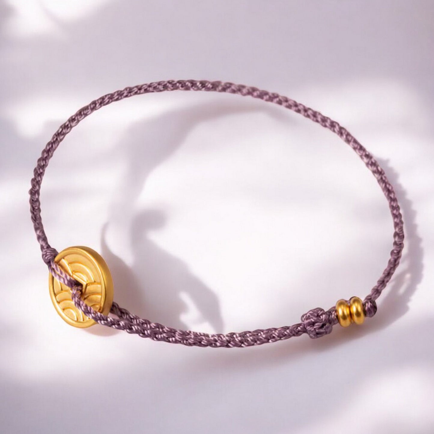 24k Pure 999 Gold Small Gold Round Coin Pendant Lucky Hand Braided Rope Bracelet