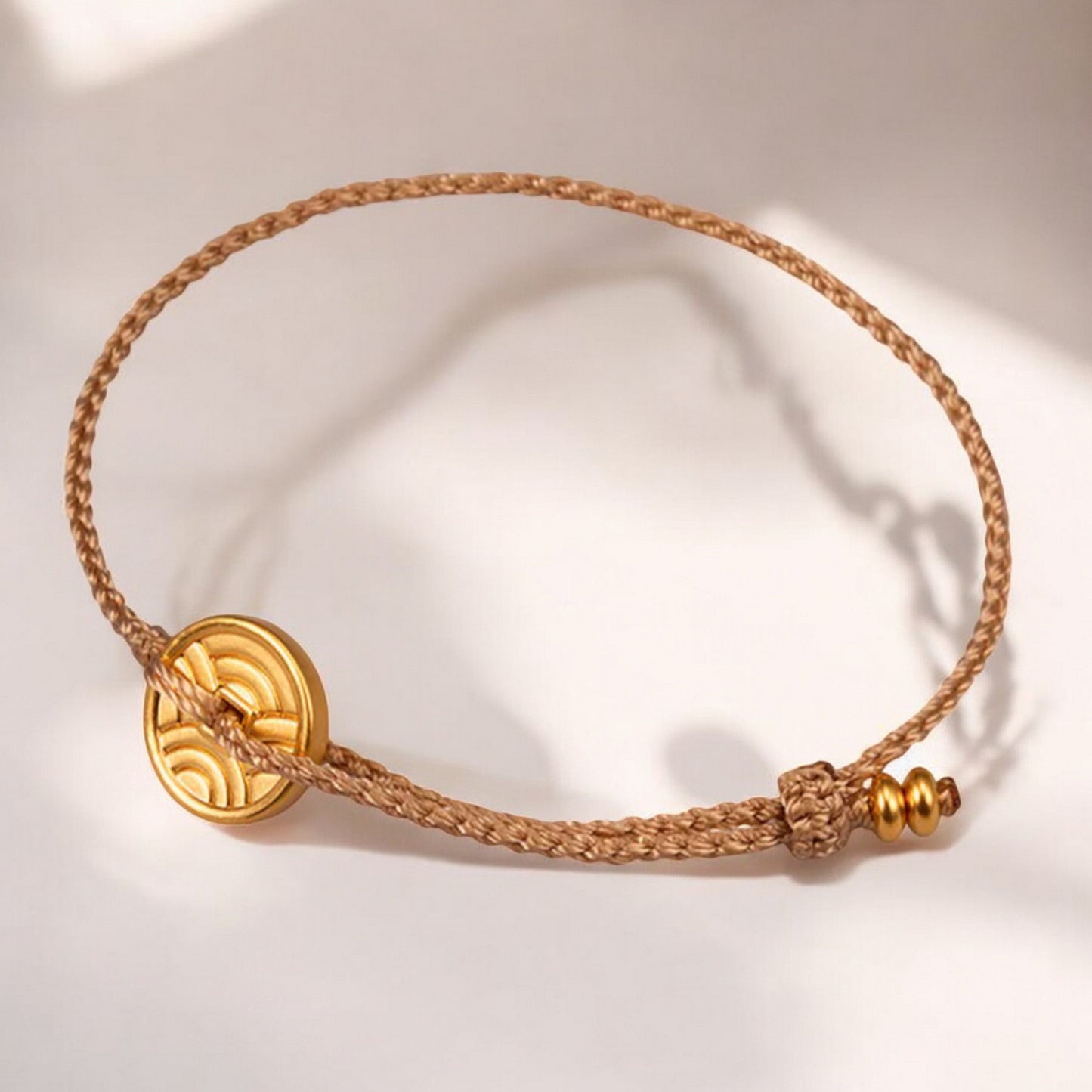 24k Pure 999 Gold Small Gold Round Coin Pendant Lucky Hand Braided Rope Bracelet