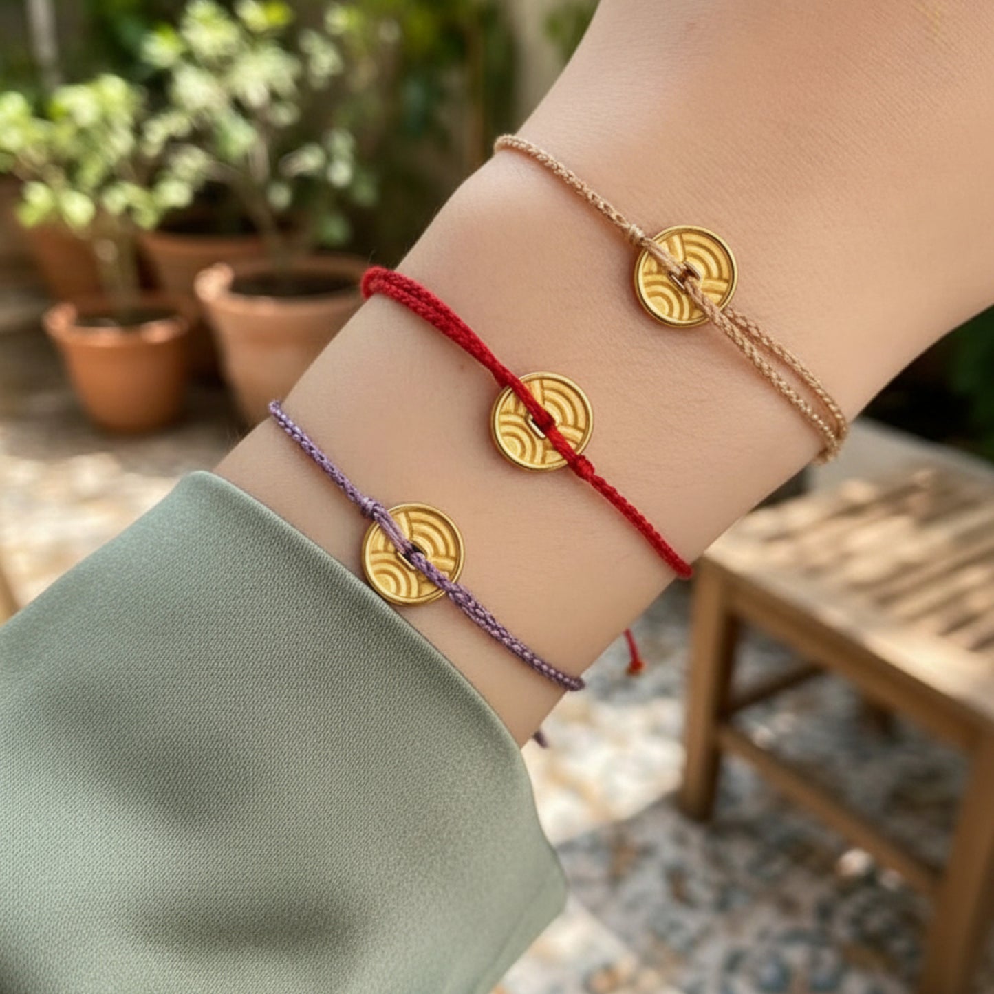 24k Pure 999 Gold Small Gold Round Coin Pendant Lucky Hand Braided Rope Bracelet