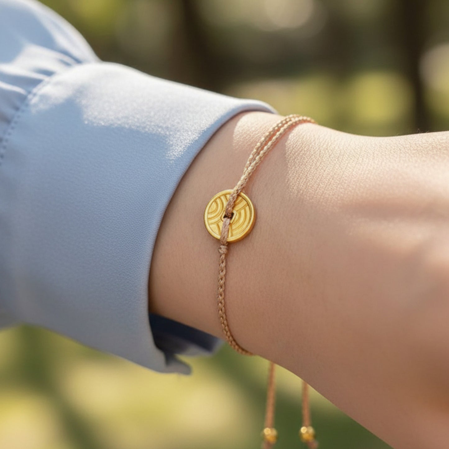 24k Pure 999 Gold Small Gold Round Coin Pendant Lucky Hand Braided Rope Bracelet