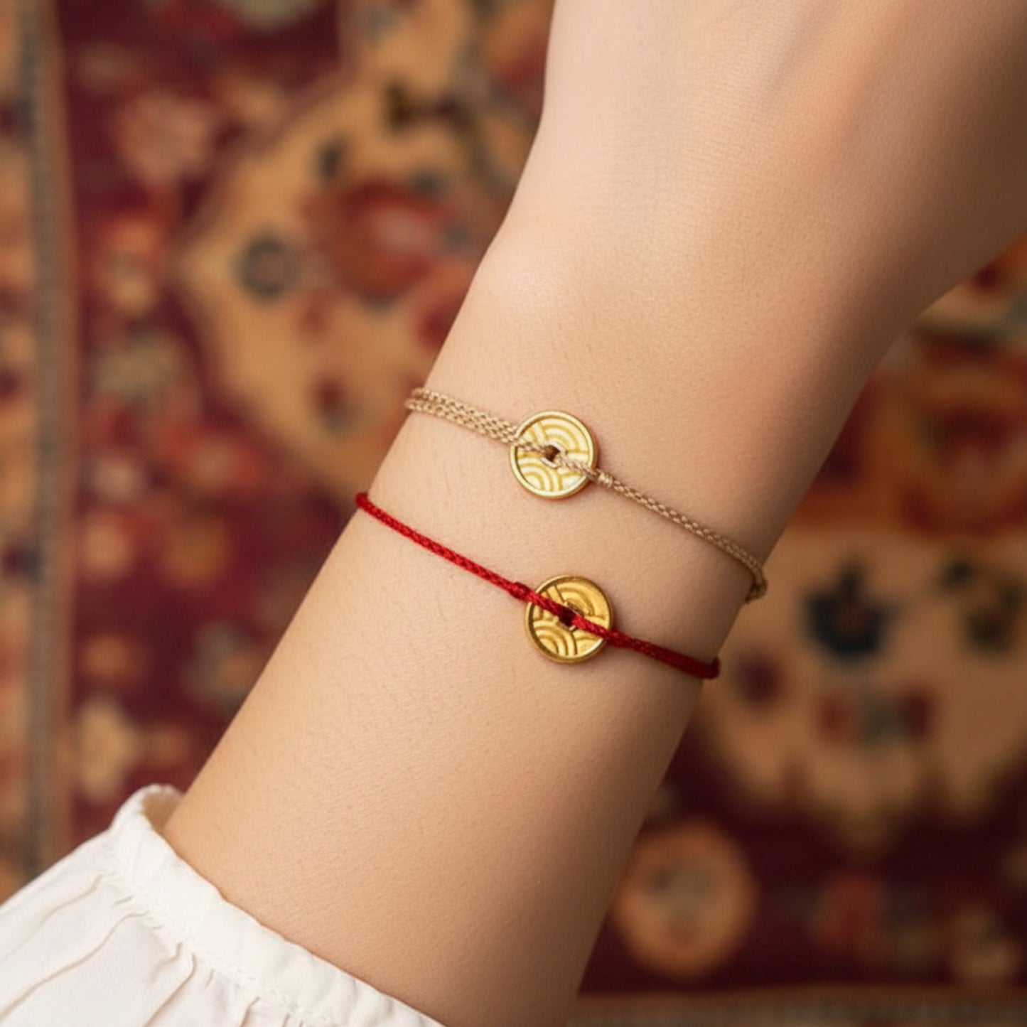 24k Pure 999 Gold Small Gold Round Coin Pendant Lucky Hand Braided Rope Bracelet