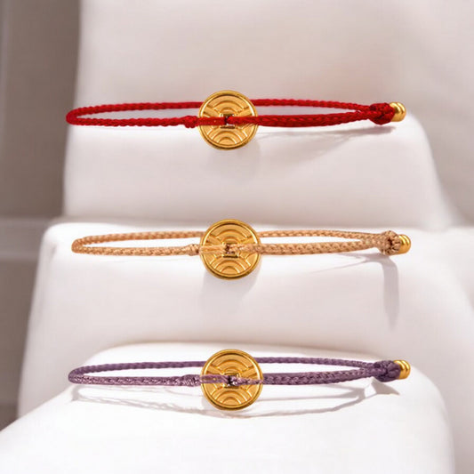 24k Pure 999 Gold Small Gold Round Coin Pendant Lucky Hand Braided Rope Bracelet