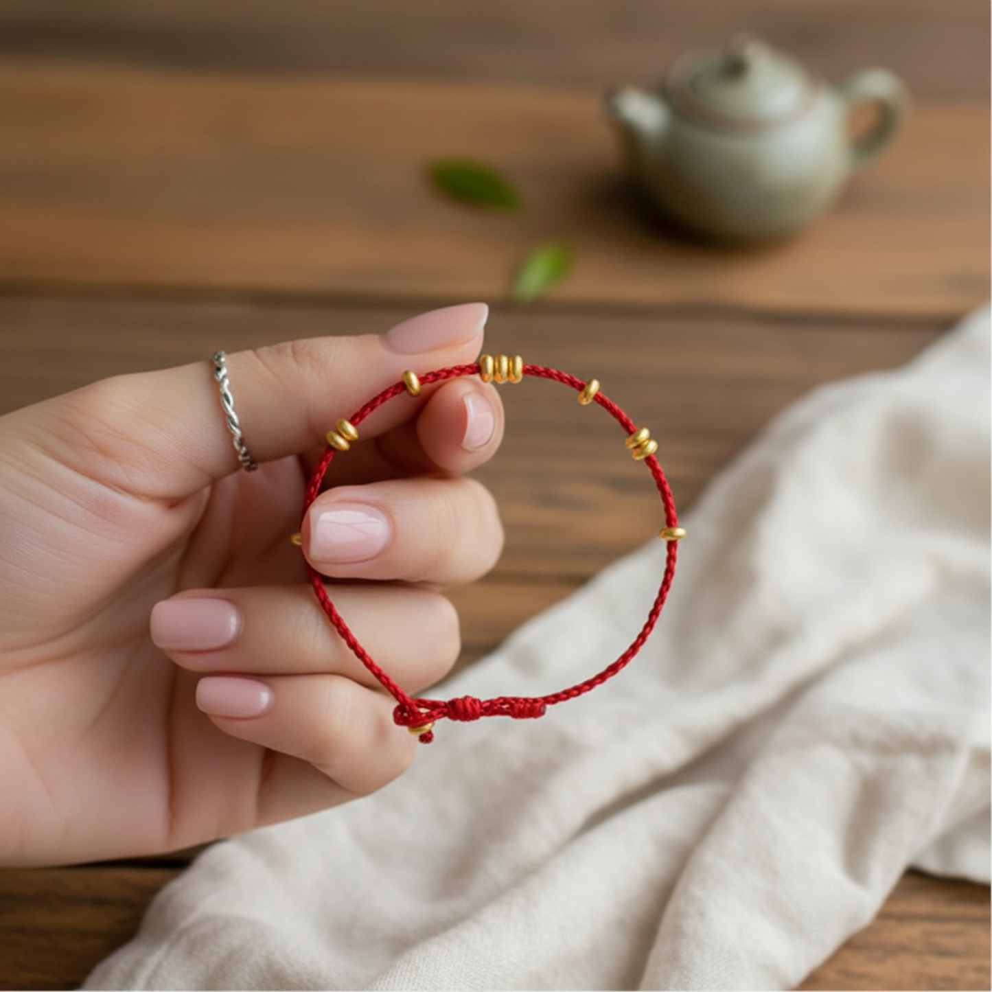 24k Pure 999 Gold Lucky Beads with Red Rope Bracelet