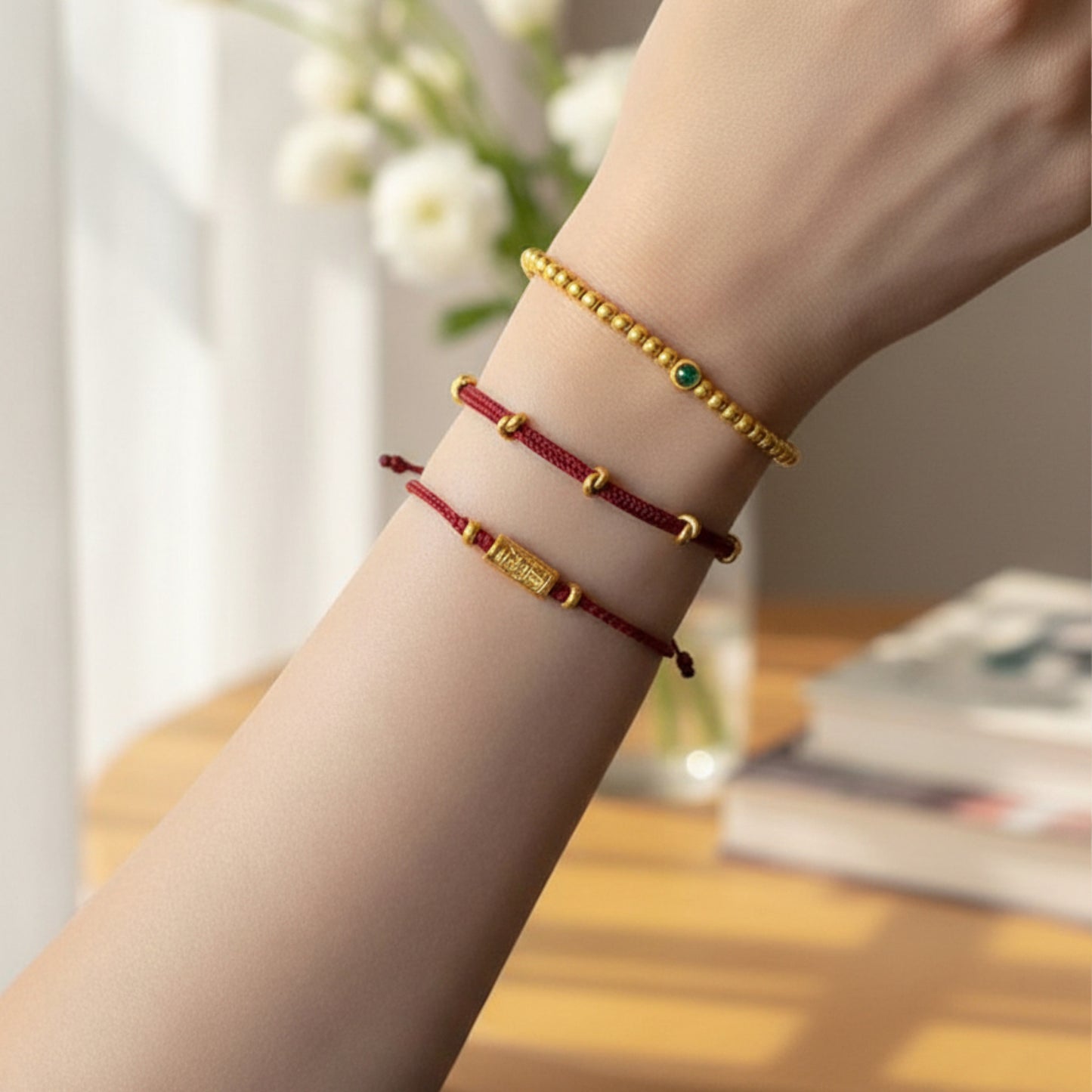 24k Pure 999 Gold Lucky Beads Tie the Knot make a wish with Red Rope Bracelet