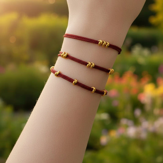 24k Pure 999 Gold Lucky Beads Tie the Knot make a wish with Red Rope Bracelet