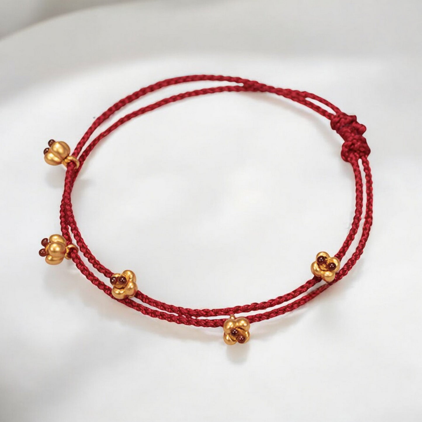 24k Pure 999 Gold Osmanthus fragrans Small Flower Charm with Red Rope Bracelet