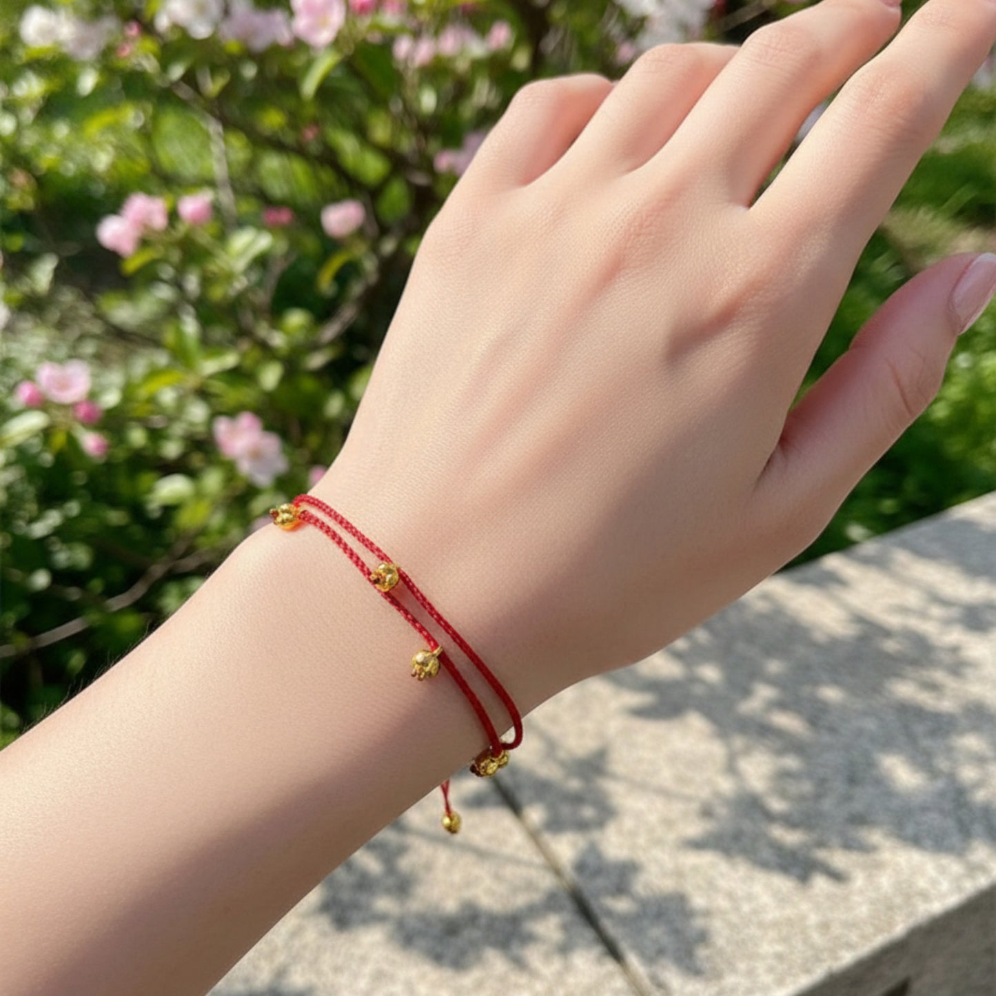 24k Pure 999 Gold Osmanthus fragrans Small Flower Charm with Red Rope Bracelet