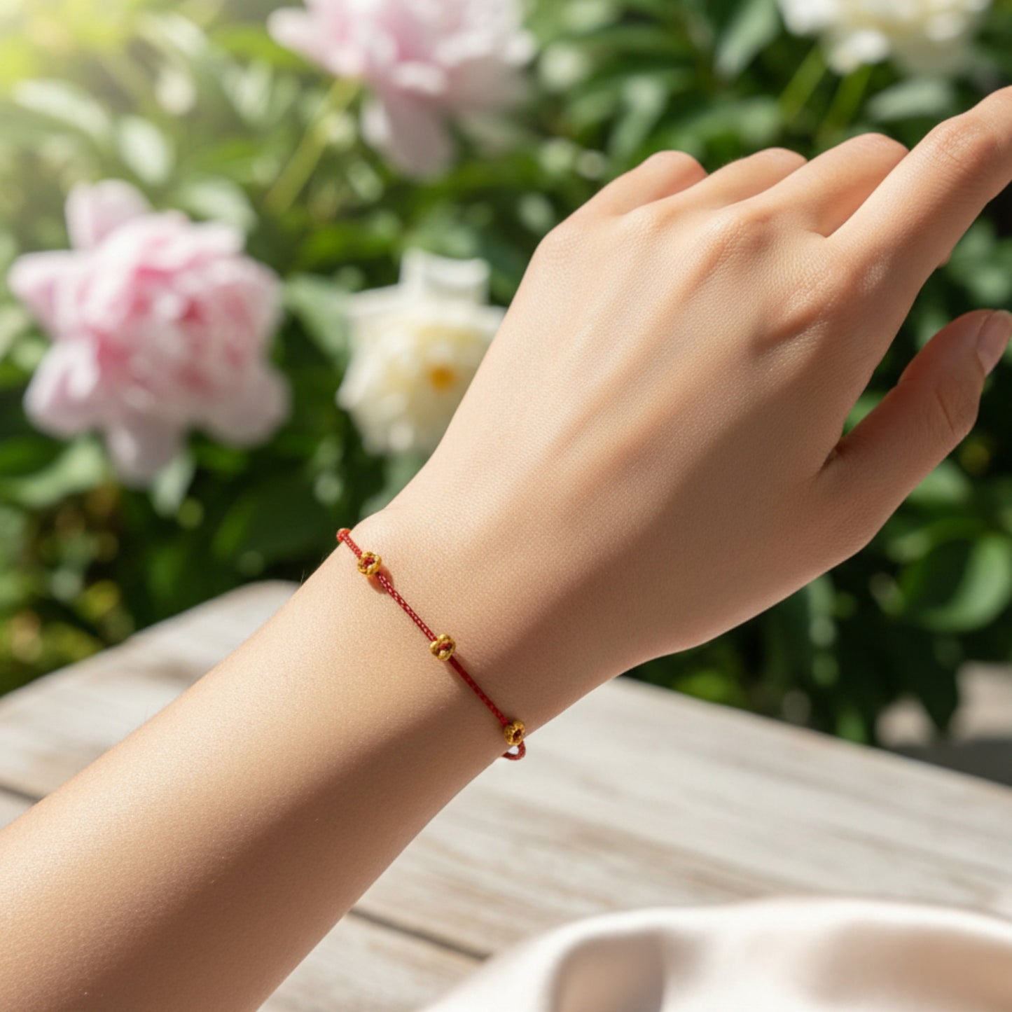 24k Pure 999 Gold Osmanthus fragrans Small Flower Charm with Red Rope Bracelet