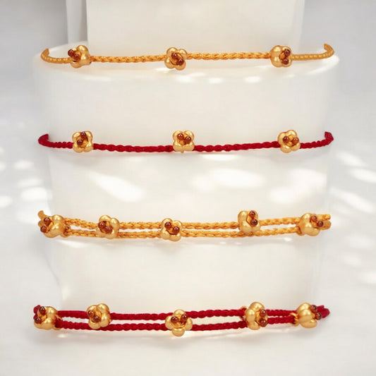 24k Pure 999 Gold Osmanthus fragrans Small Flower Charm with Red Rope Bracelet