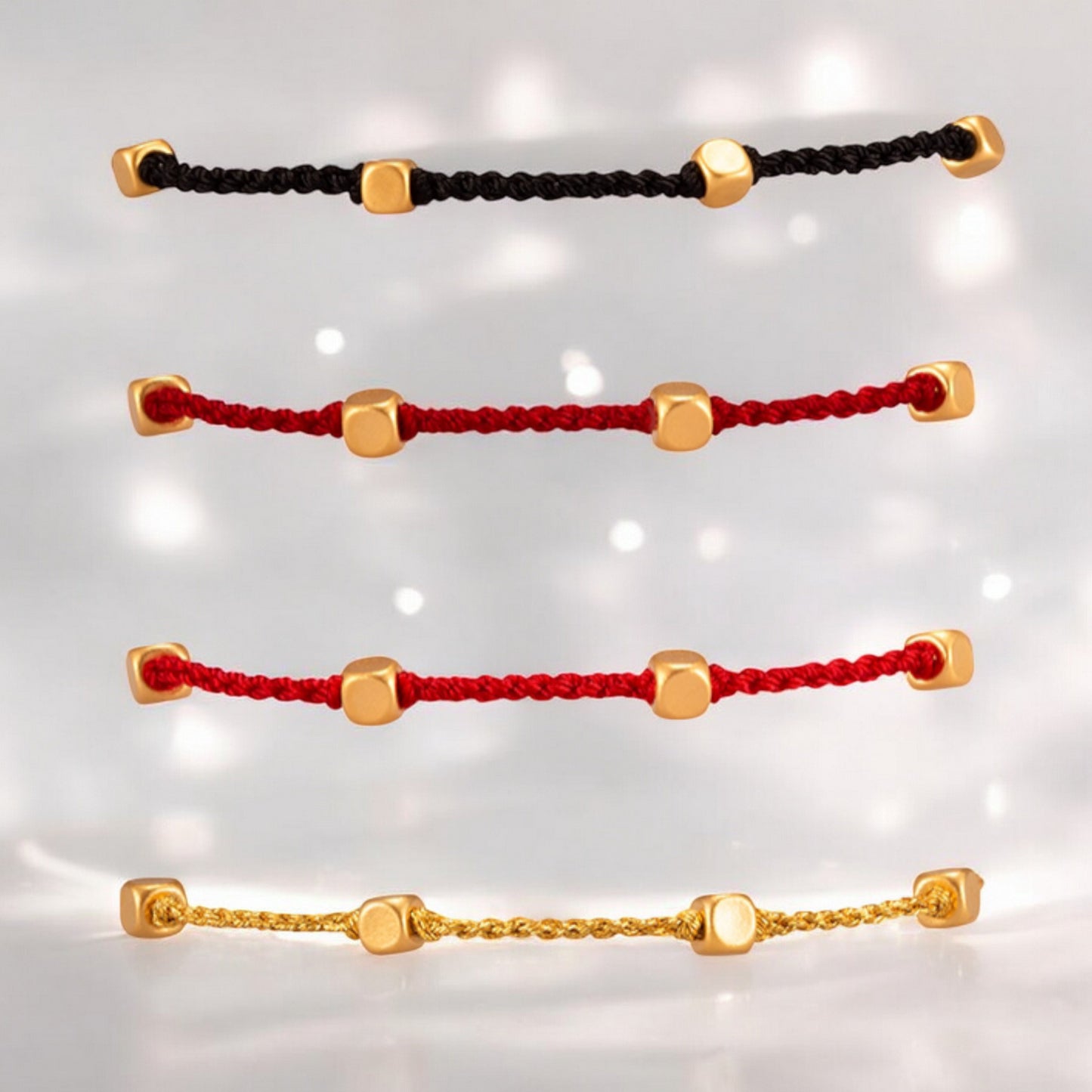 24k Pure 999 5D Hard Gold Lucky Cube Beads Braided Adjustable Rope Bracelet