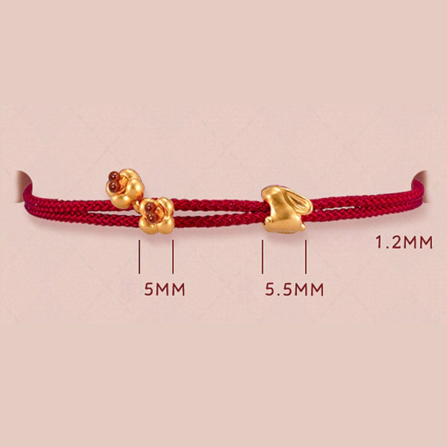 24k Pure 999 Gold Lucky Bunny Rabbit and Flower Braided Adjustable Rope Bracelet