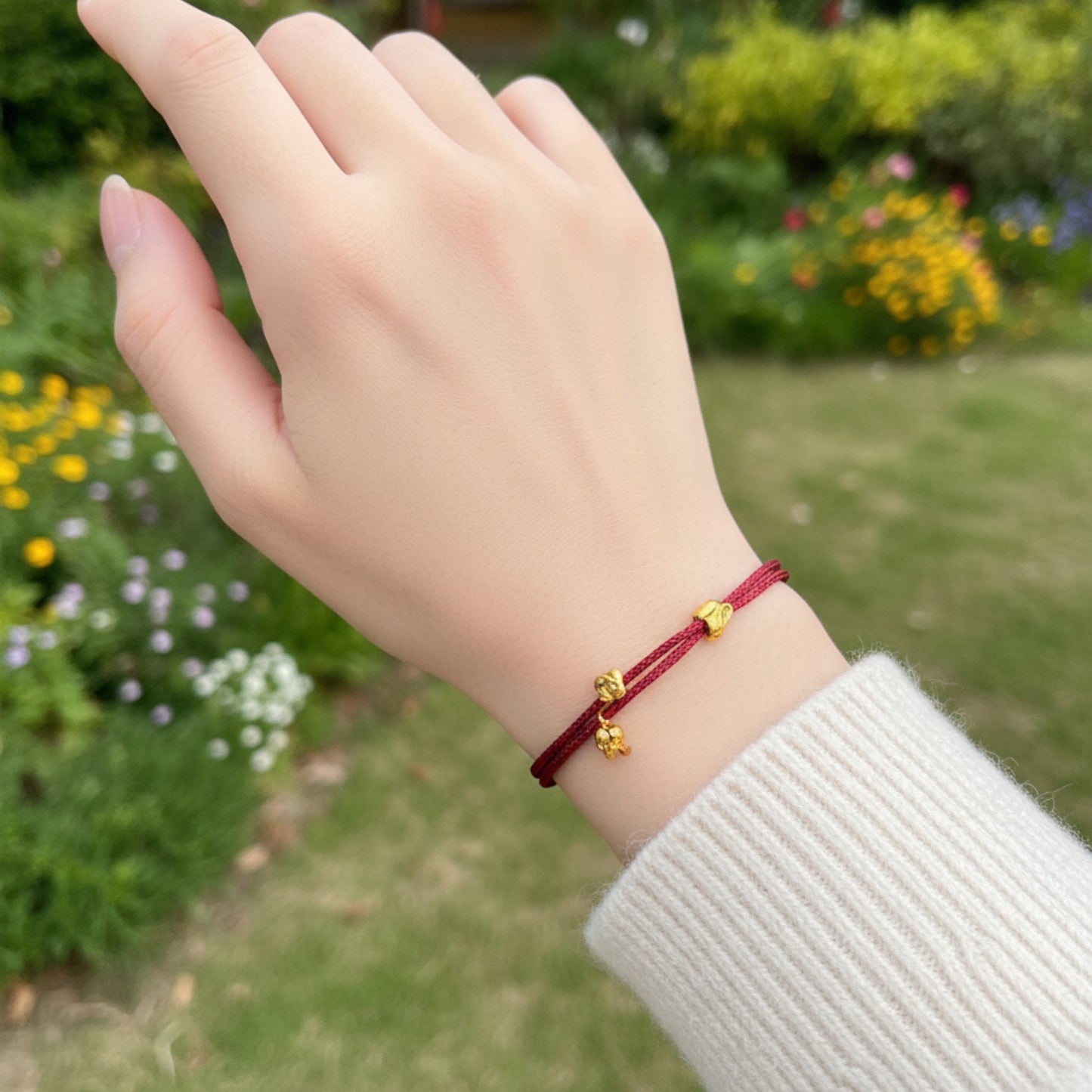 24k Pure 999 Gold Lucky Bunny Rabbit and Flower Braided Adjustable Rope Bracelet