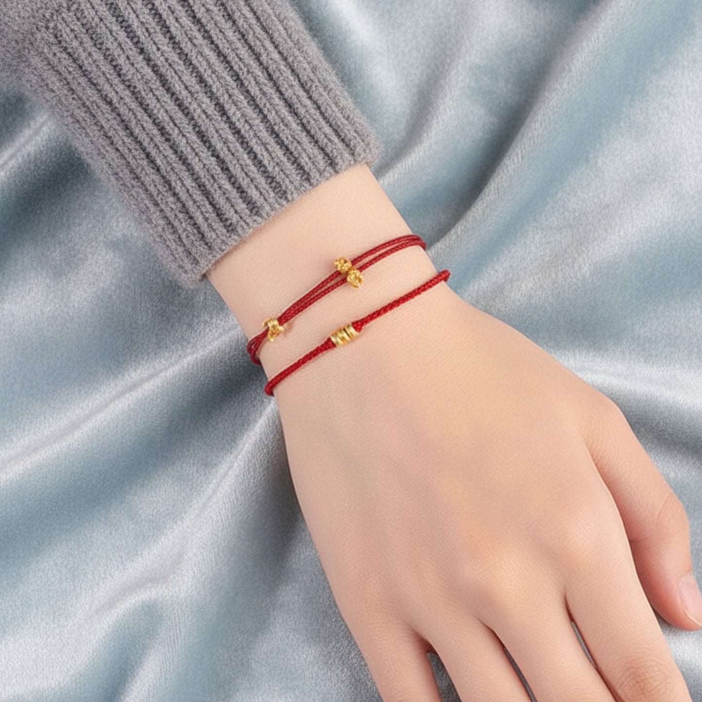 24k Pure 999 Gold Lucky Bunny Rabbit and Flower Braided Adjustable Rope Bracelet