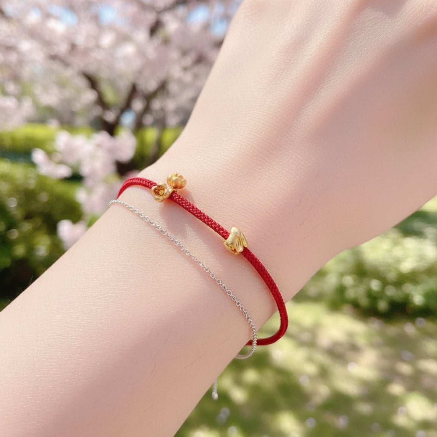 24k Pure 999 Gold Lucky Bunny Rabbit and Flower Braided Adjustable Rope Bracelet