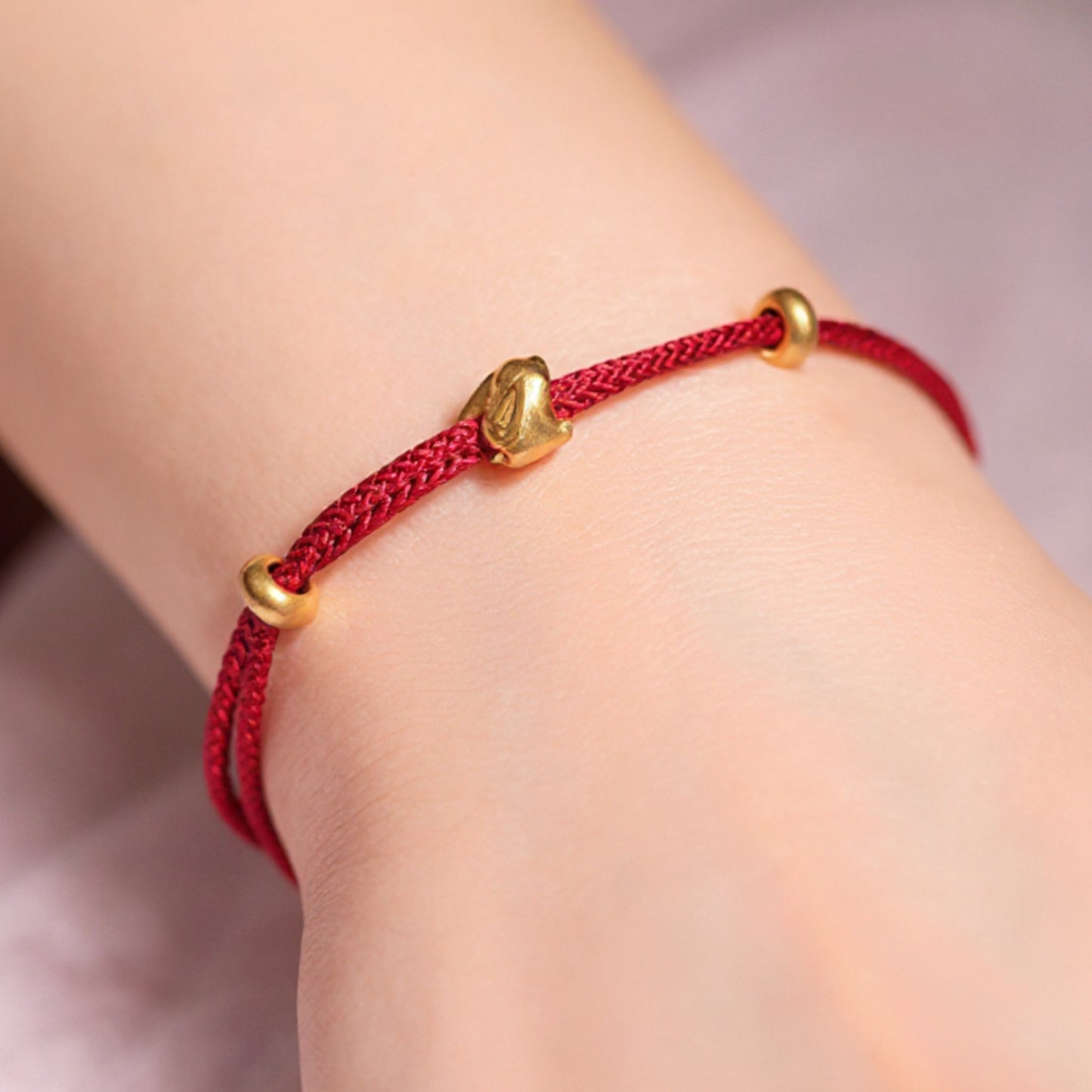 24k Pure 999 Gold Lucky Bunny Rabbit and Flower Braided Adjustable Rope Bracelet