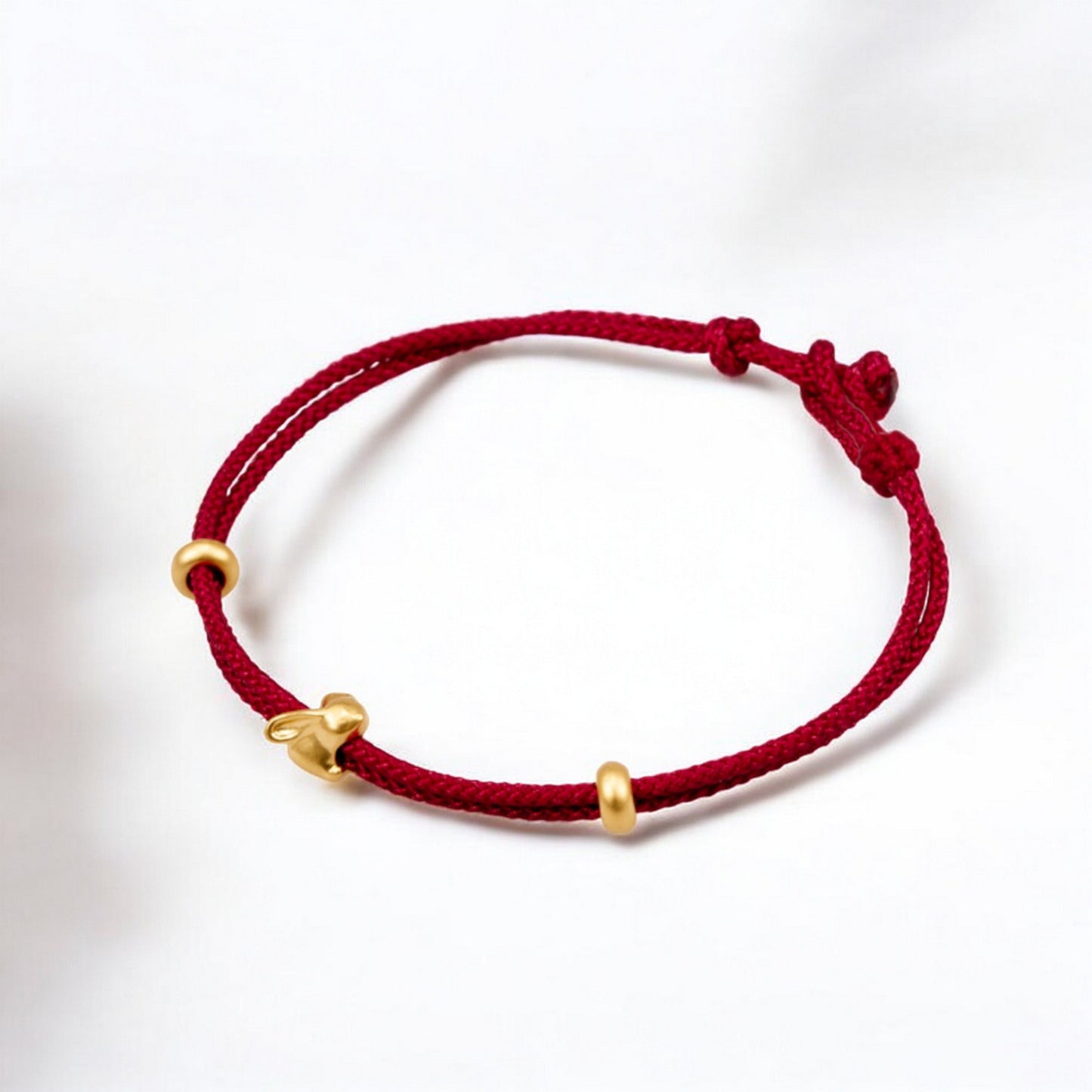 24k Pure 999 Gold Lucky Bunny Rabbit and Flower Braided Adjustable Rope Bracelet