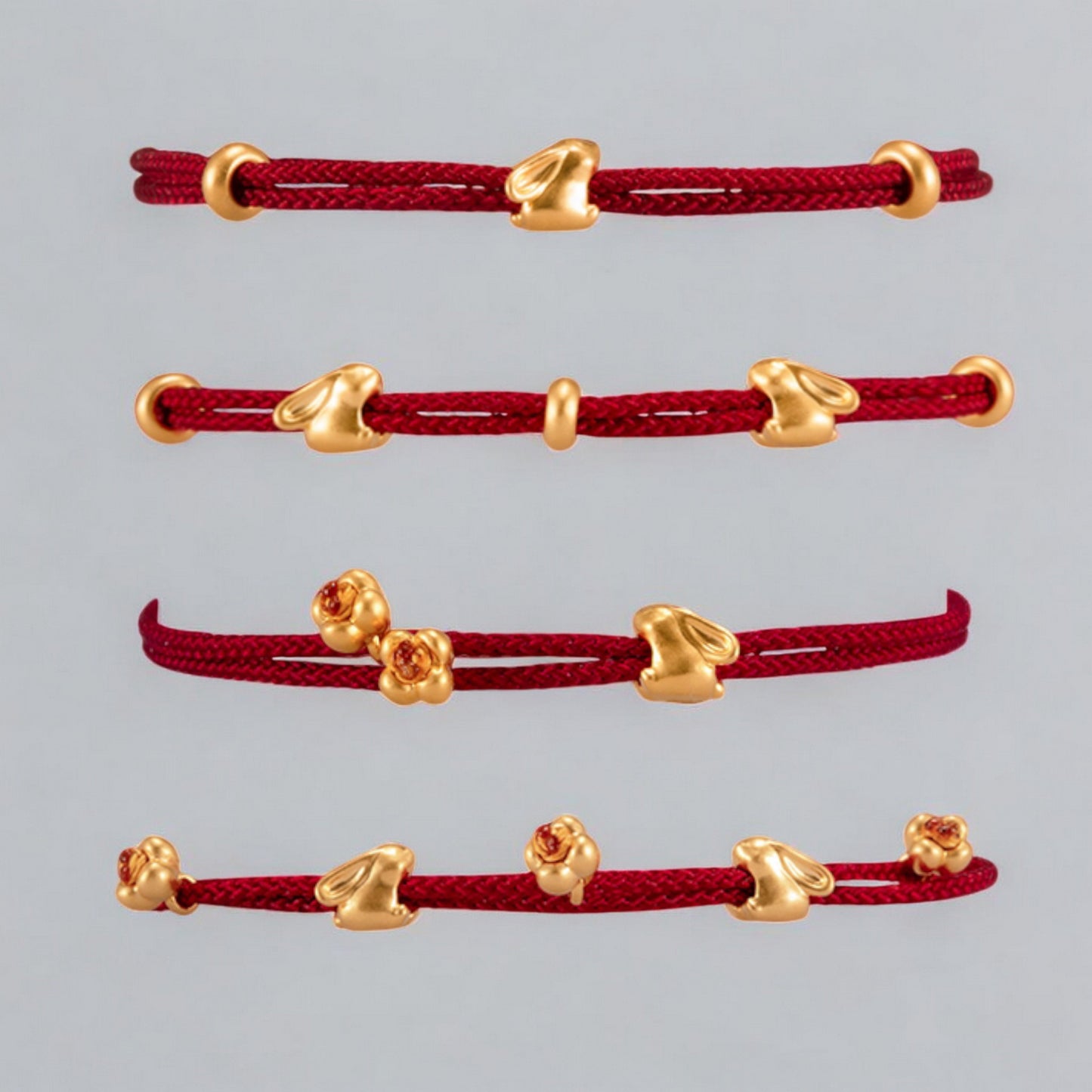 24k Pure 999 Gold Lucky Bunny Rabbit and Flower Braided Adjustable Rope Bracelet