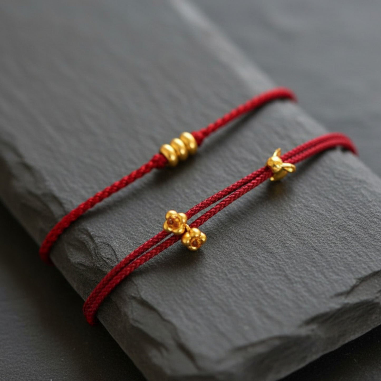 24k Pure 999 Gold Lucky Bunny Rabbit and Flower Braided Adjustable Rope Bracelet