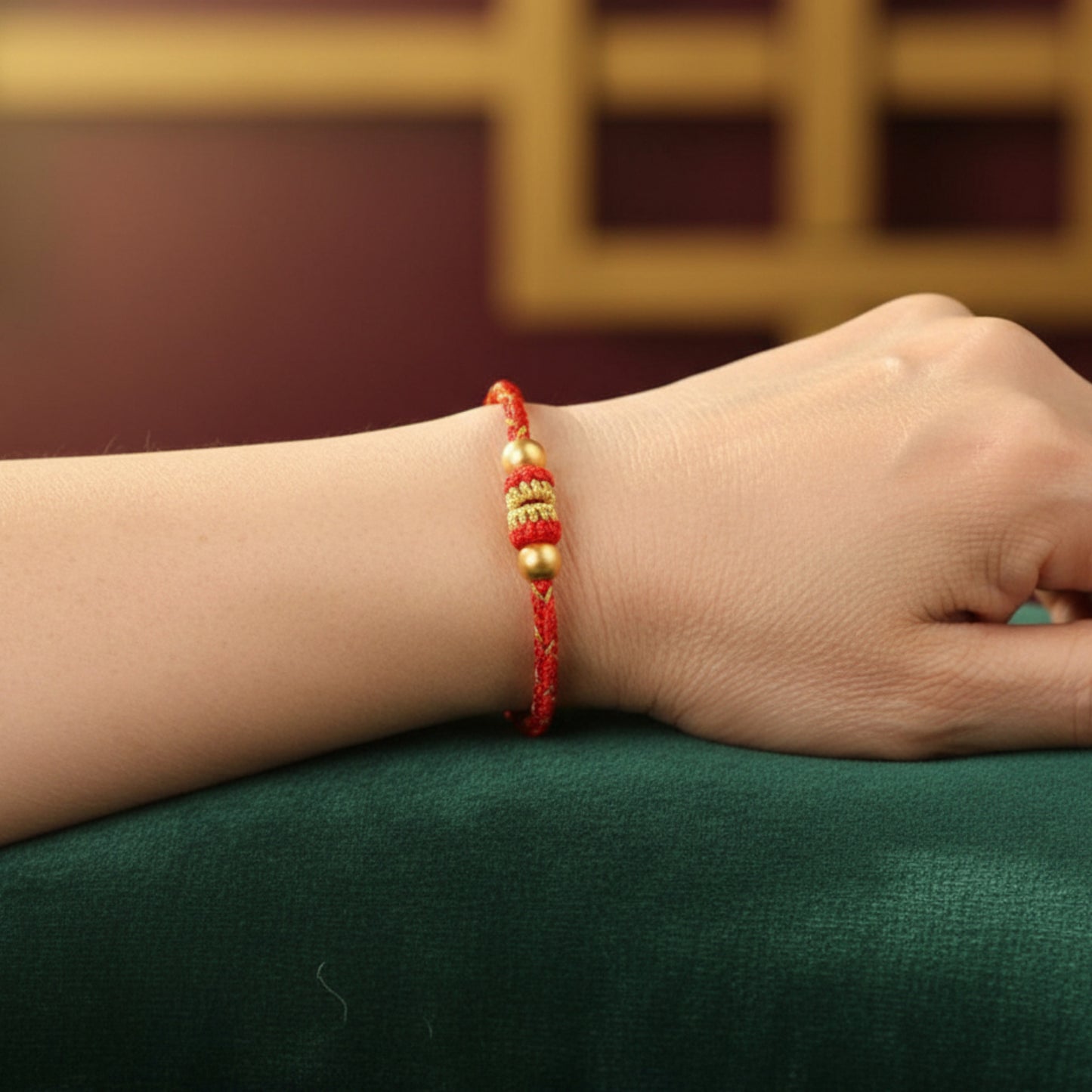 24k Solid 999 Gold Beads with Red String Hand Made Braided Rope Bracelet