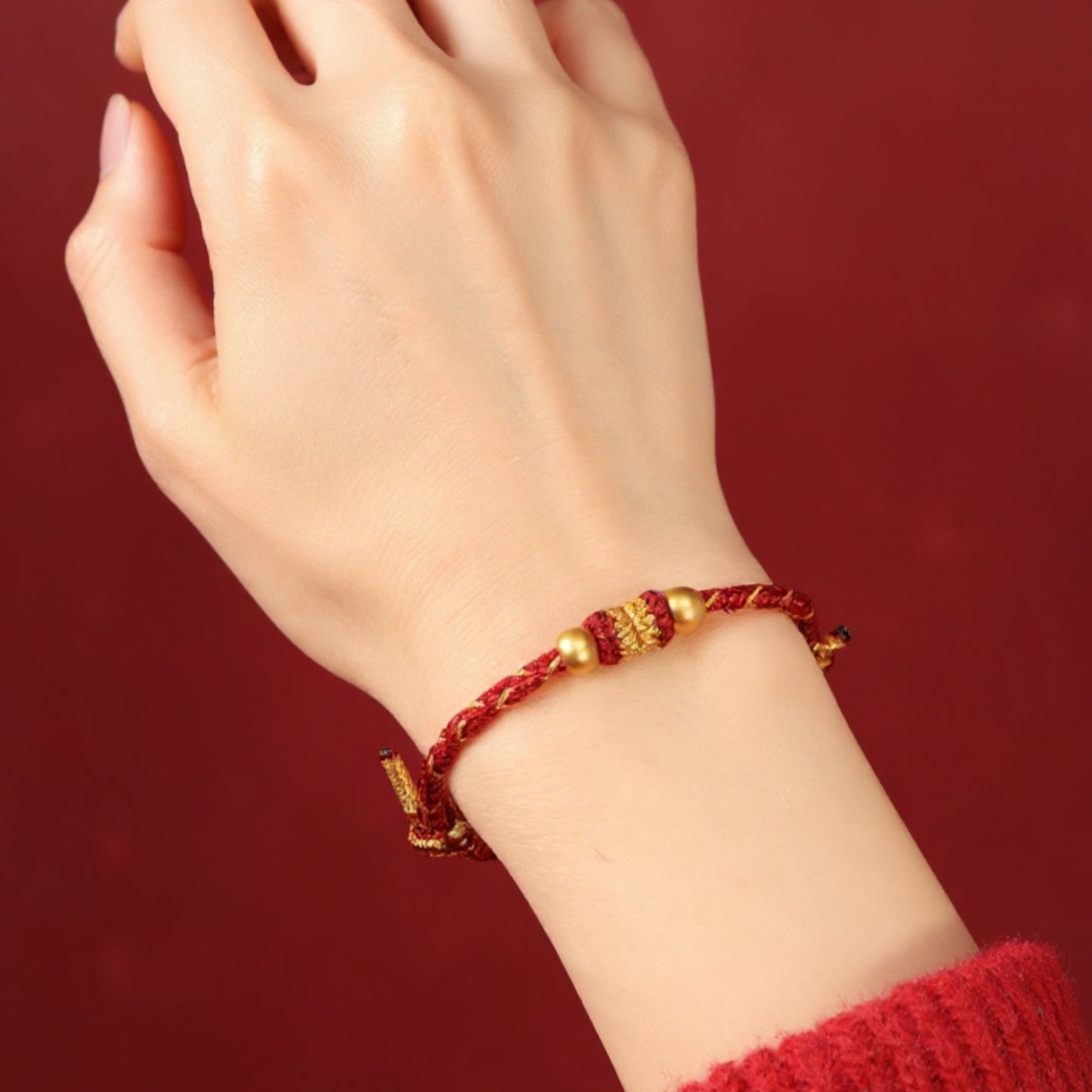 24k Solid 999 Gold Beads with Red String Hand Made Braided Rope Bracelet