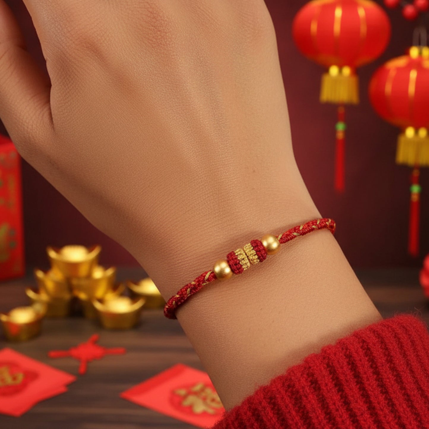 24k Solid 999 Gold Beads with Red String Hand Made Braided Rope Bracelet
