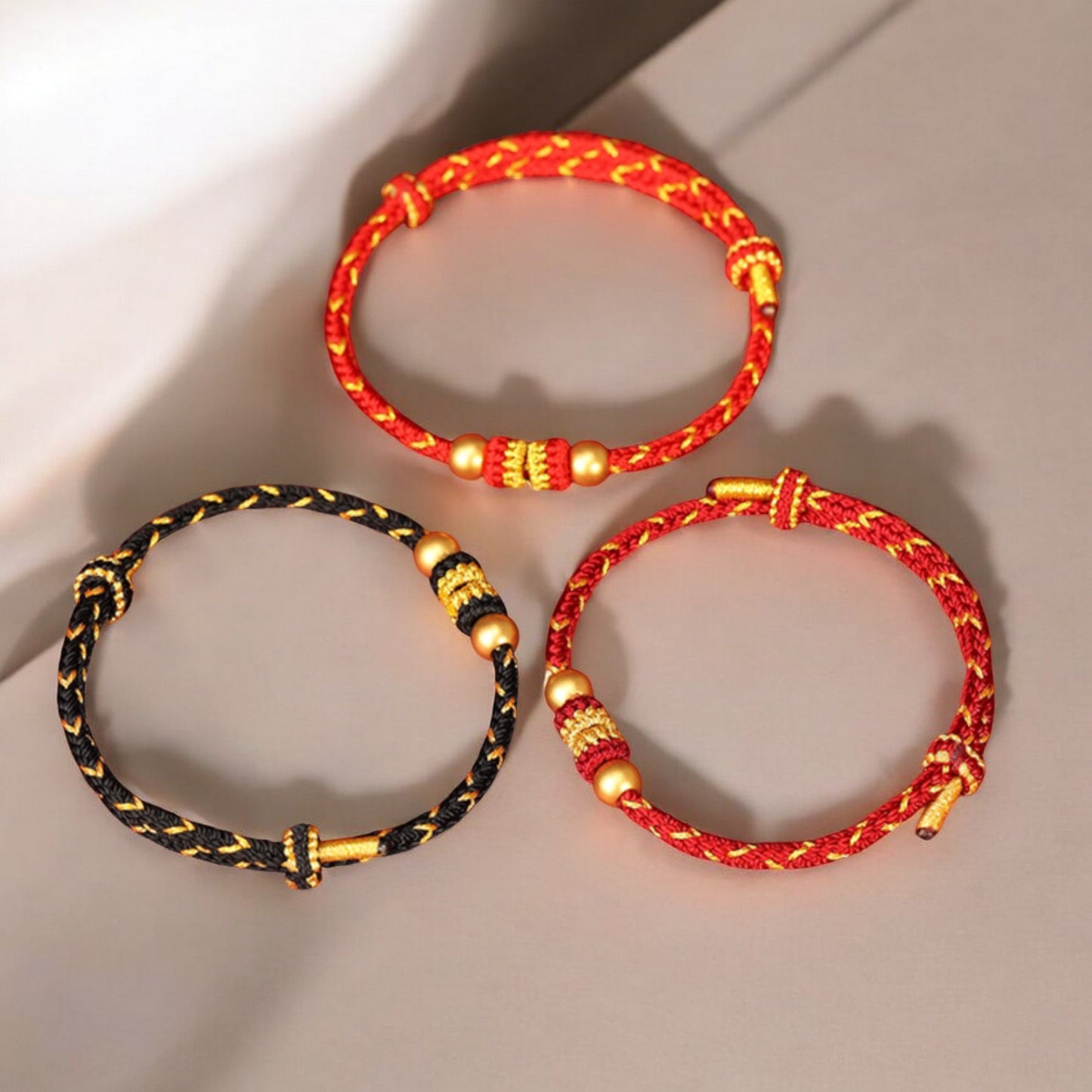 24k Solid 999 Gold Beads with Red String Hand Made Braided Rope Bracelet