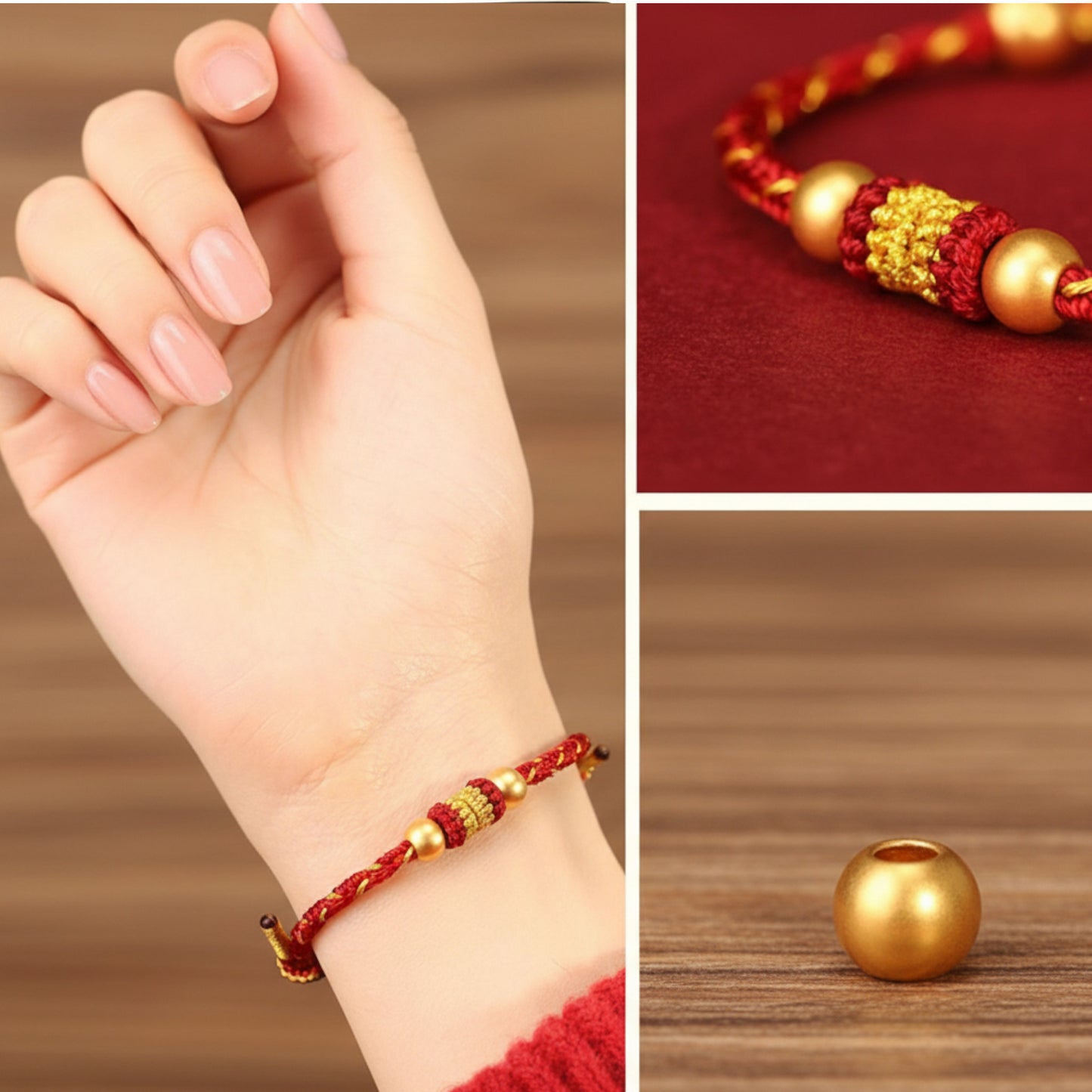 24k Solid 999 Gold Beads with Red String Hand Made Braided Rope Bracelet