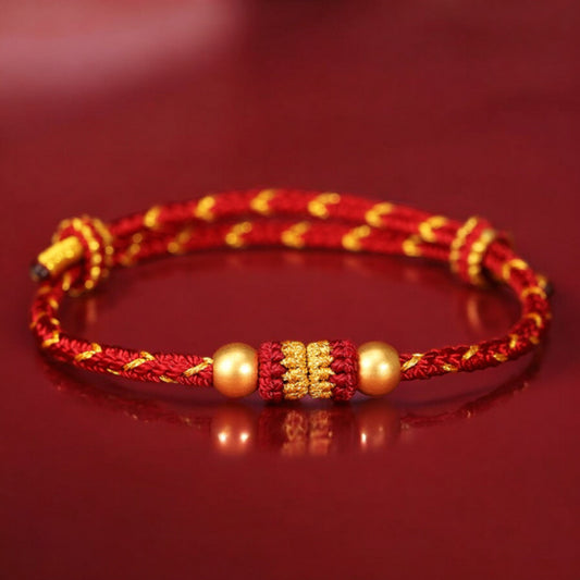 24k Solid 999 Gold Beads with Red String Hand Made Braided Rope Bracelet