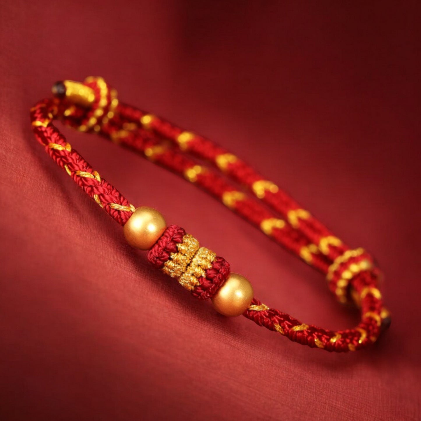 24k Solid 999 Gold Beads with Red String Hand Made Braided Rope Bracelet