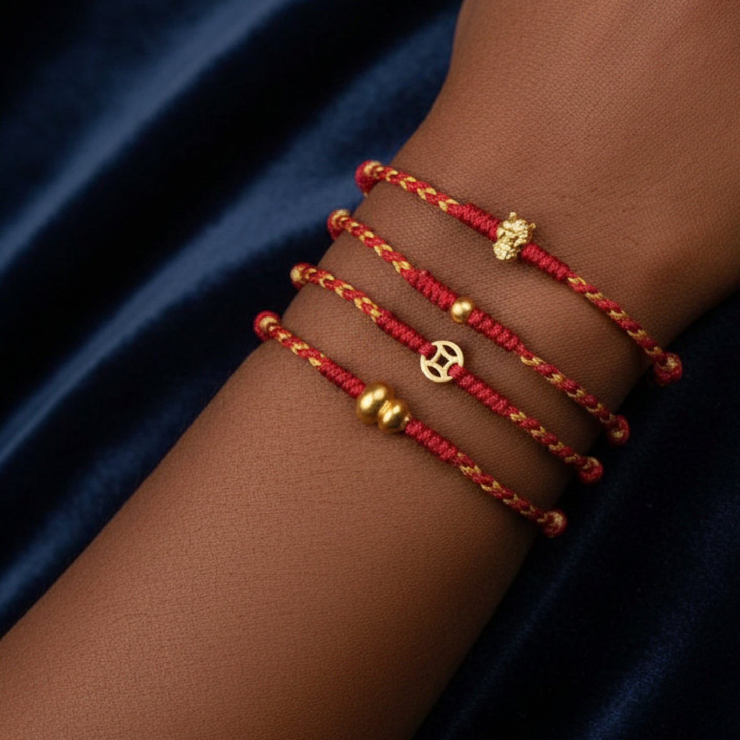 24k Pure 999 Gold Lucky Charm Pixiu Horse Coin Clover Gourd Hand Made Braided Rope Bracelet