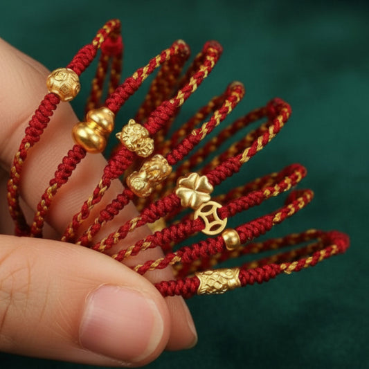 24k Pure 999 Gold Lucky Charm Pixiu Horse Coin Clover Gourd Hand Made Braided Rope Bracelet