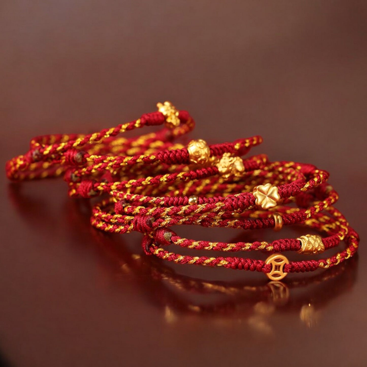 24k Pure 999 Gold Lucky Charm Pixiu Horse Coin Clover Gourd Hand Made Braided Rope Bracelet