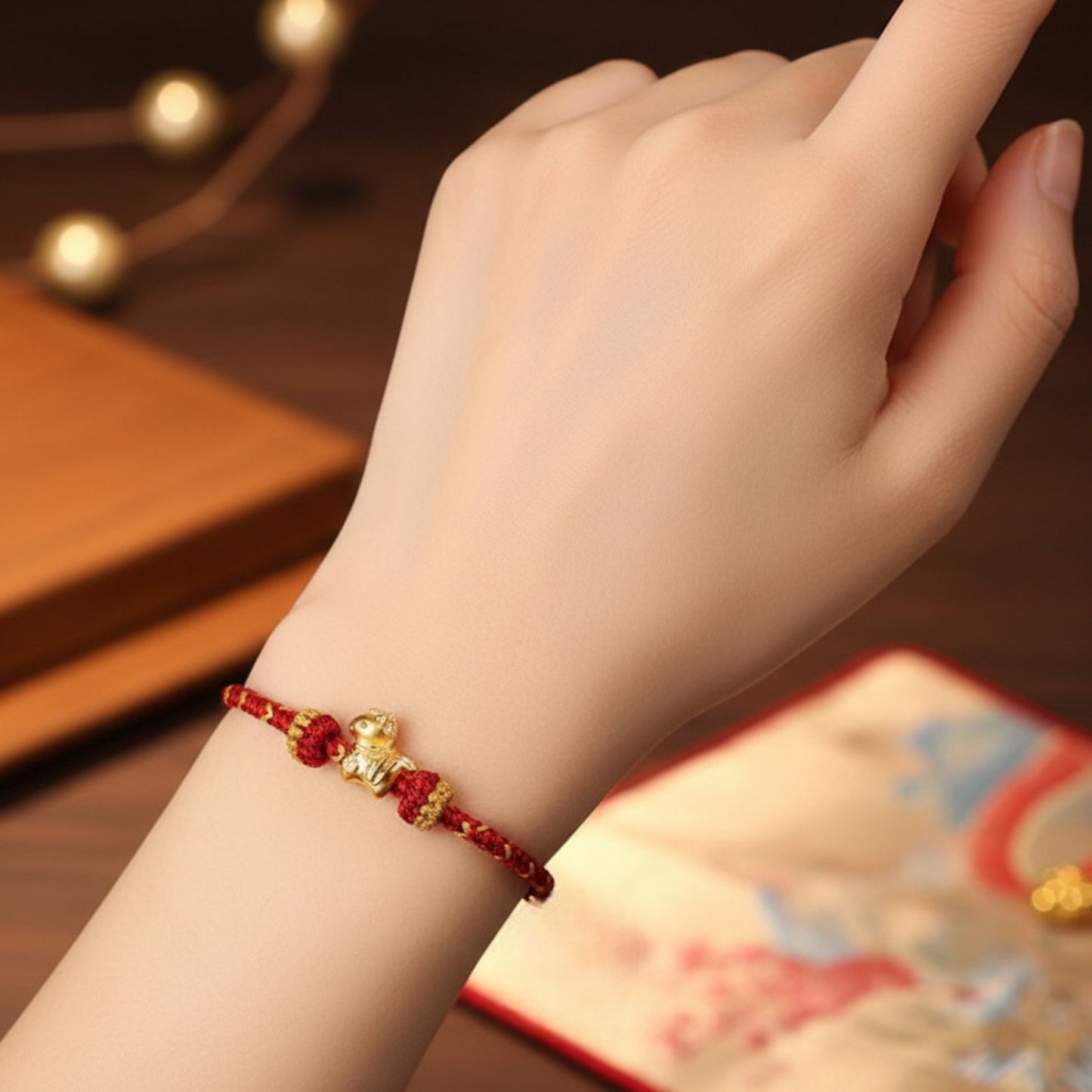 24k Pure 999 Gold Zodiac Year of Horse Charm with Hand Made Braided Rope Bracelet