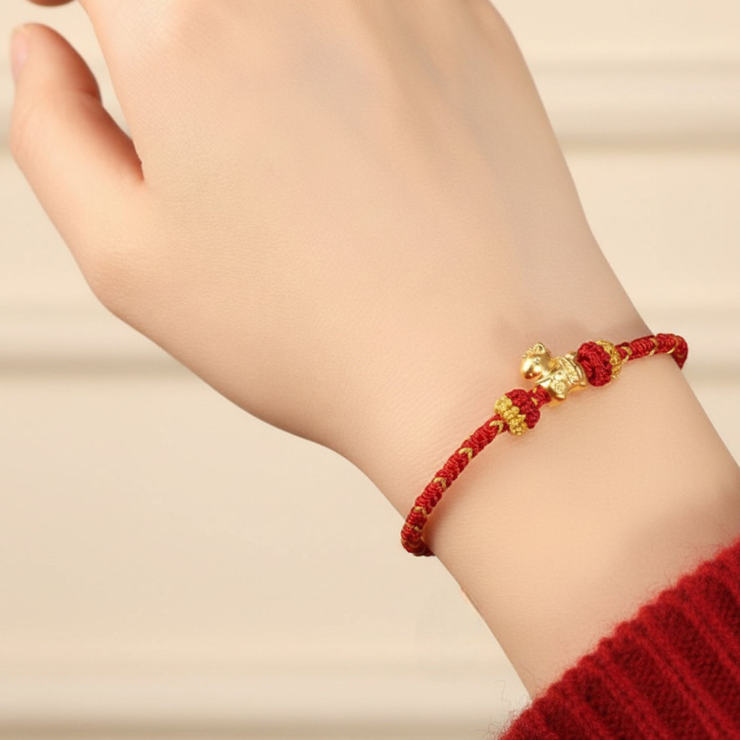 24k Pure 999 Gold Zodiac Year of Horse Charm with Hand Made Braided Rope Bracelet