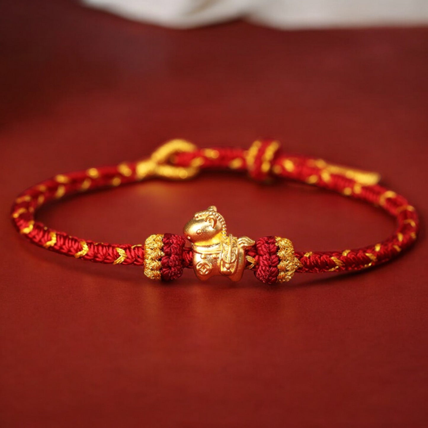 24k Pure 999 Gold Zodiac Year of Horse Charm with Hand Made Braided Rope Bracelet