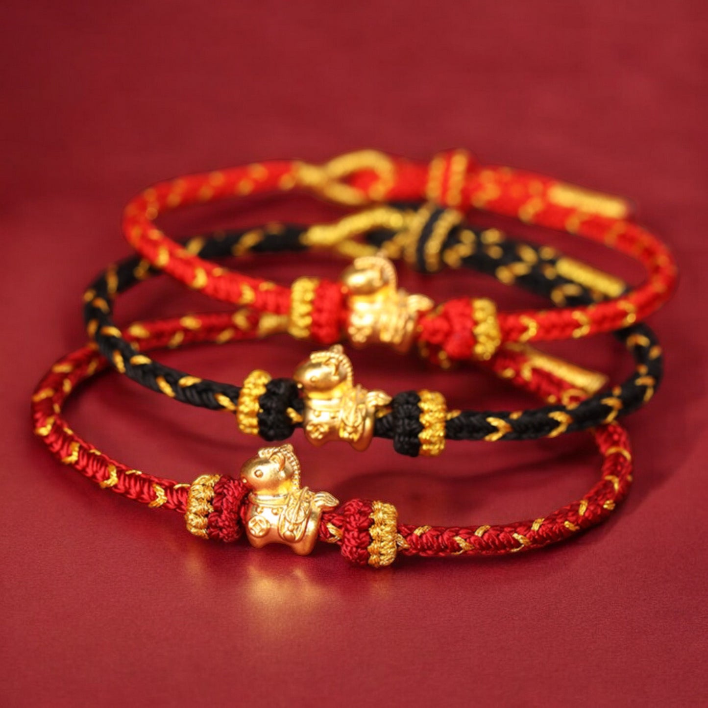 24k Pure 999 Gold Zodiac Year of Horse Charm with Hand Made Braided Rope Bracelet