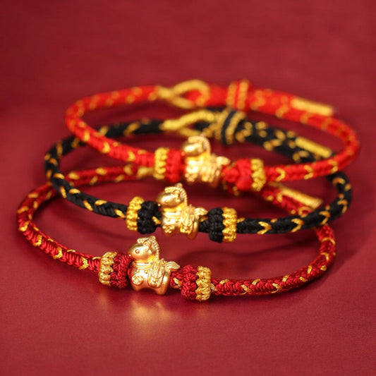 24k Pure 999 Gold Zodiac Year of Horse Charm with Hand Made Braided Rope Bracelet
